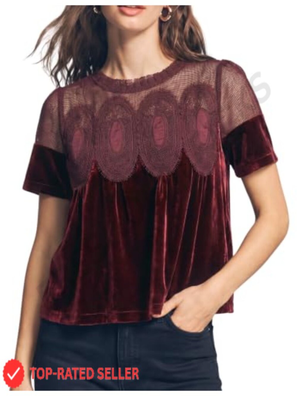 Velvet Lace Blouse Short Sleeve Flowy Top